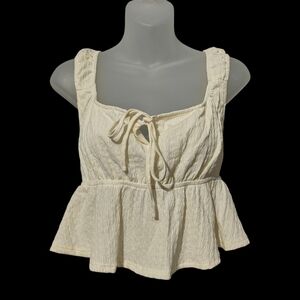 Pink Rose Large Cream Tie-Neck Peplum Crop Top Peasant Cottagecore